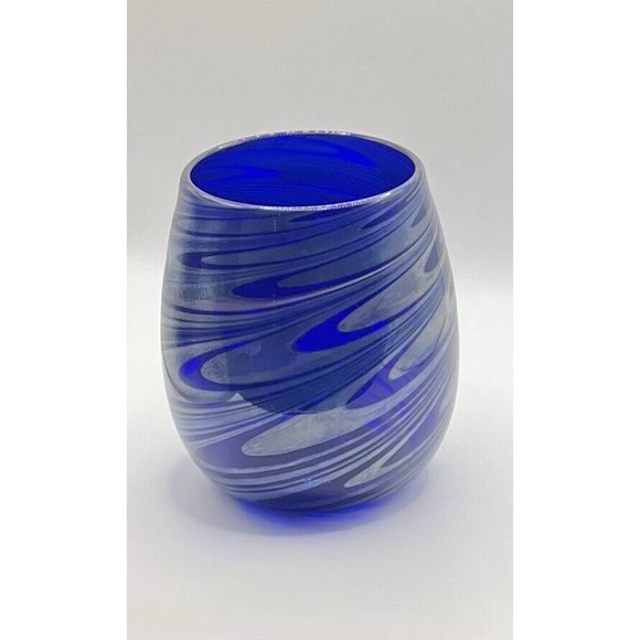 1992 Frederick Warren Art Cobalt Blue Glass Vase w/ Swirls of Blue & Silver - Picture 3 of 12